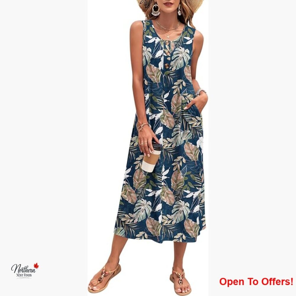 Sleeveless A-Line Maxi Dress with Pockets, Polyester Spandex Blend